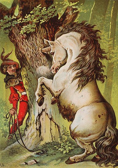 Unicorn with its horn stuck in a tree.