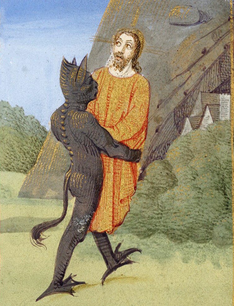 Devil carries Jesus up to a mountain to tempt him with an earthly kingdom