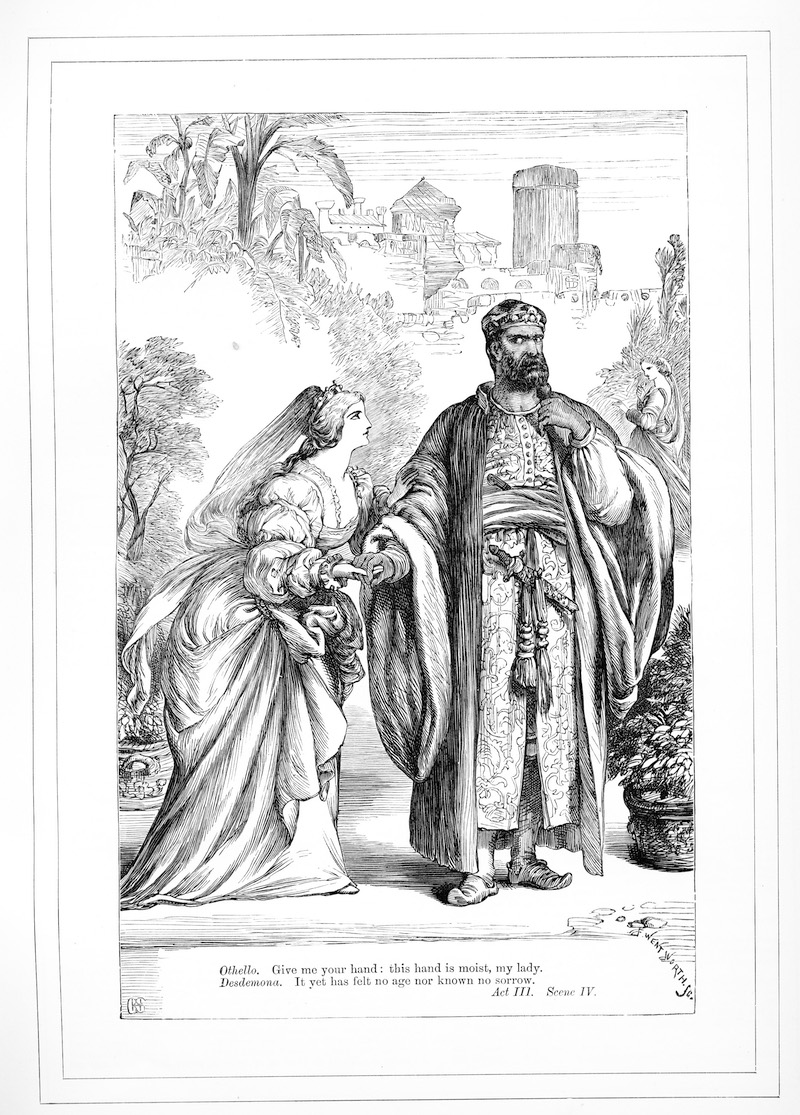 Engraving by H.C. Selous: Othello saying 'give me your hand' to Desdemona