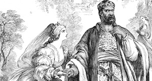Engraving by H.C. Selous: Othello saying 'give me your hand' to Desdemona