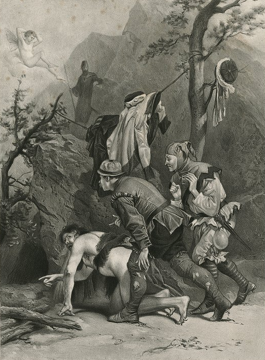 Caliban, Stephano, and Trinculo at the mouth of Prospero's cell.